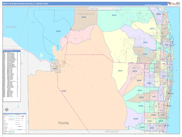 West Palm Beach-Boca Raton Metro Area ZIP Code Wall Map, ColorCast style