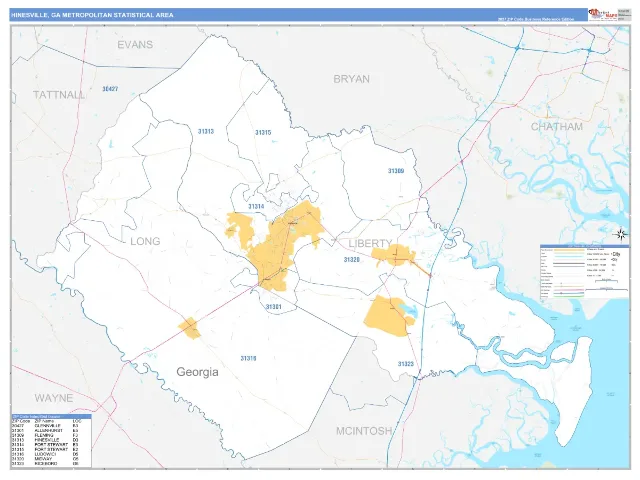 Hinesville Metro Area ZIP Code Wall Map, Business Reference style