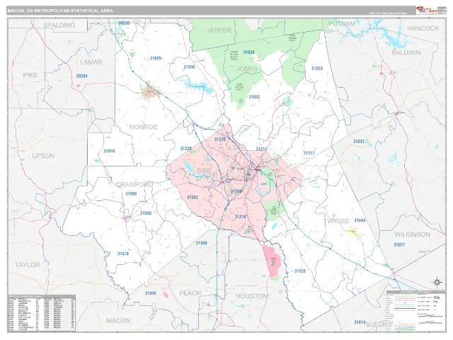 Macon Metro Area ZIP Code Wall Map, Classic style
