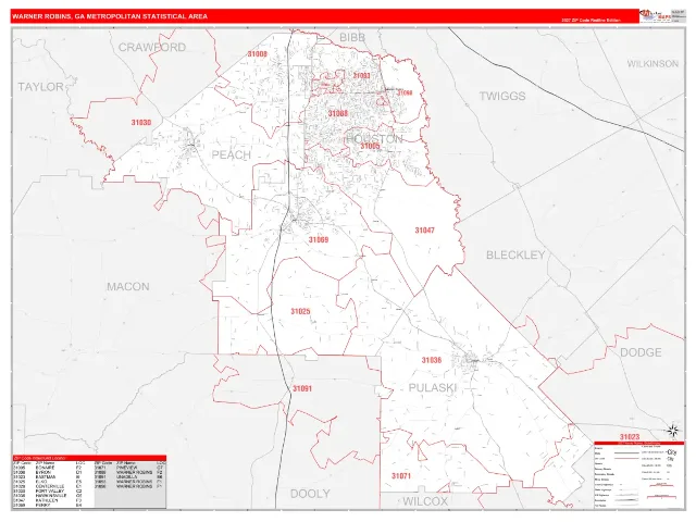 Warner Robins Metro Area ZIP Code Wall Map, RedLine style