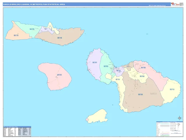 Kahului-Wailuku-Lahaina Metro Area ZIP Code Wall Map, ColorCast style