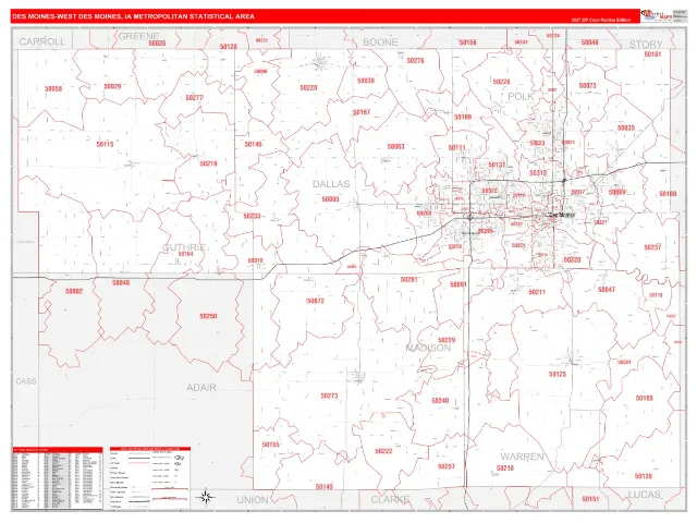 Des Moines-West Des Moines Metro Area ZIP Code Wall Map, RedLine style