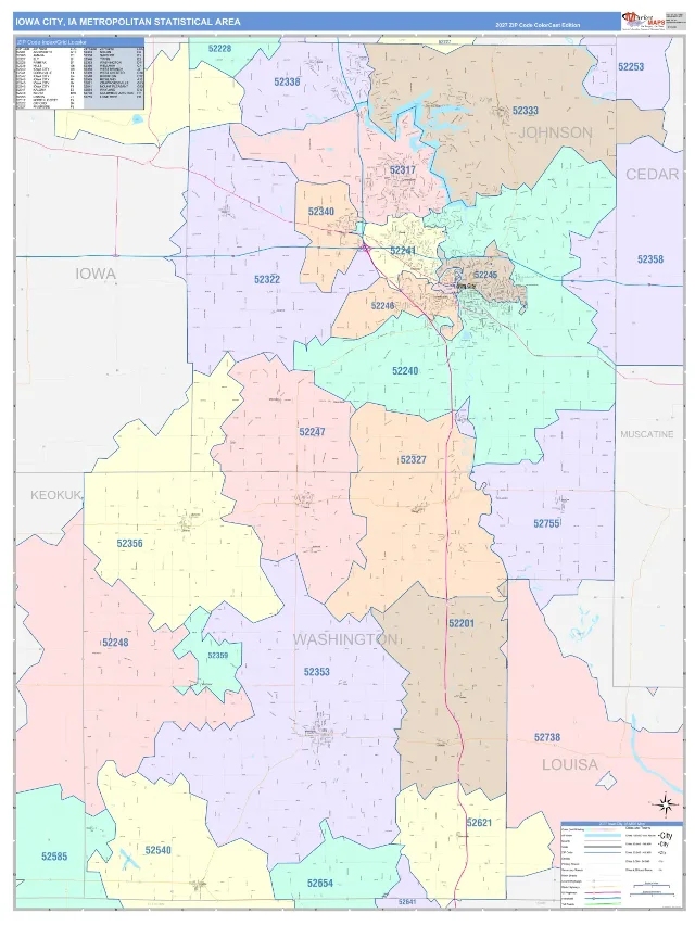 Iowa City Metro Area ZIP Code Wall Map, ColorCast style