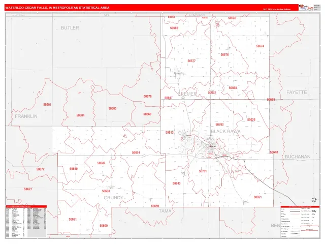 Waterloo-Cedar Falls Metro Area ZIP Code Wall Map, RedLine style