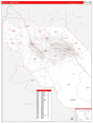 Boise City Metro Area RedLine style ZIP Code wall map