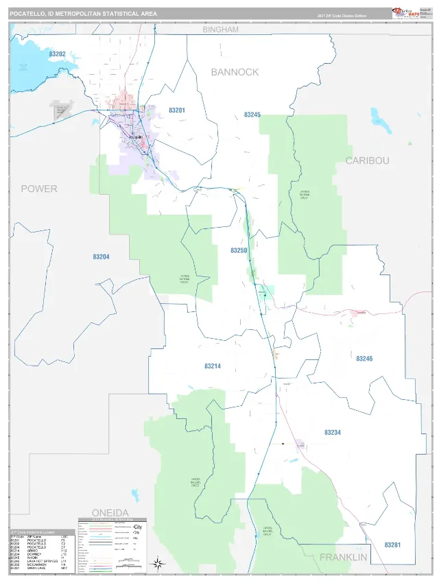 Pocatello Metro Area ZIP Code Wall Map, Classic style