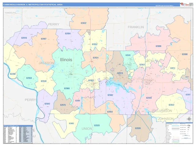 Carbondale-Marion Metro Area ZIP Code Wall Map, ColorCast style