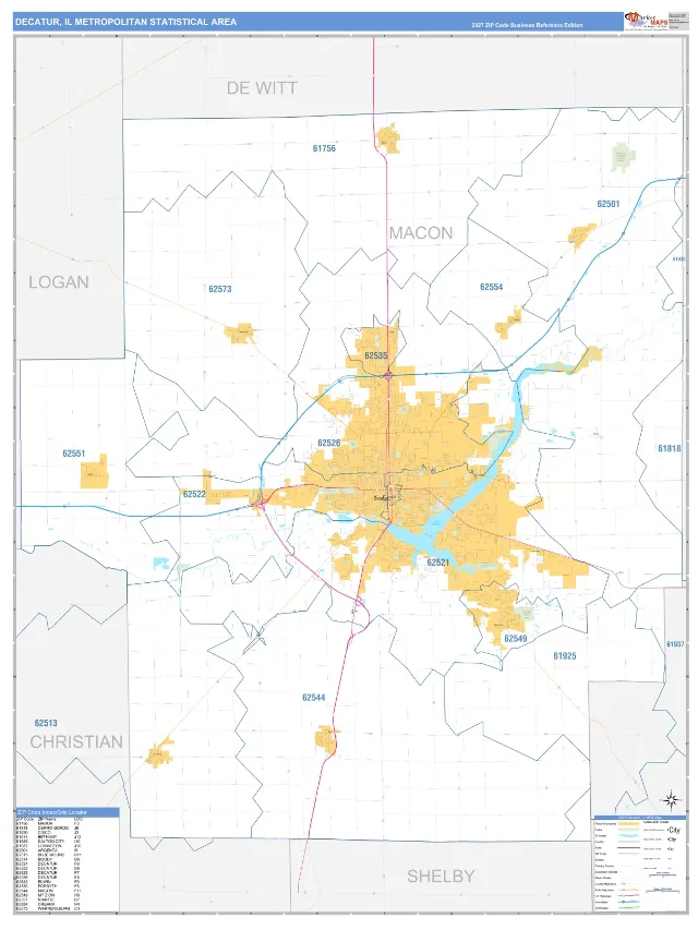 Decatur Metro Area ZIP Code Wall Map, Business Reference style