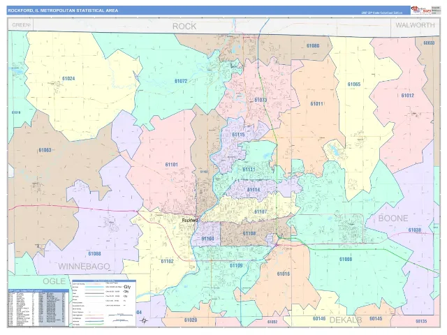 Rockford Metro Area ZIP Code Wall Map, ColorCast style