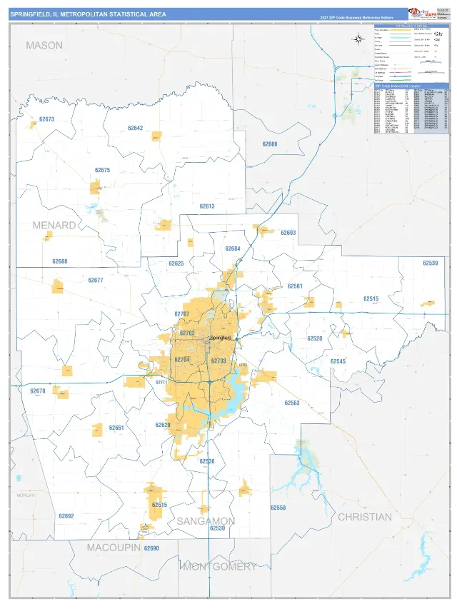 Springfield Metro Area ZIP Code Wall Map, Business Reference style