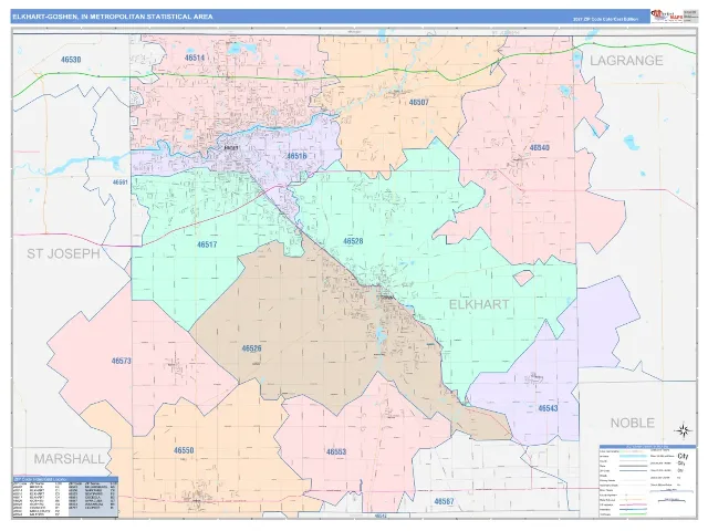 Elkhart-Goshen Metro Area ZIP Code Wall Map, ColorCast style