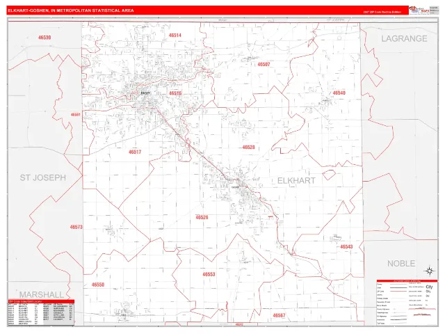 Elkhart-Goshen Metro Area ZIP Code Wall Map, RedLine style