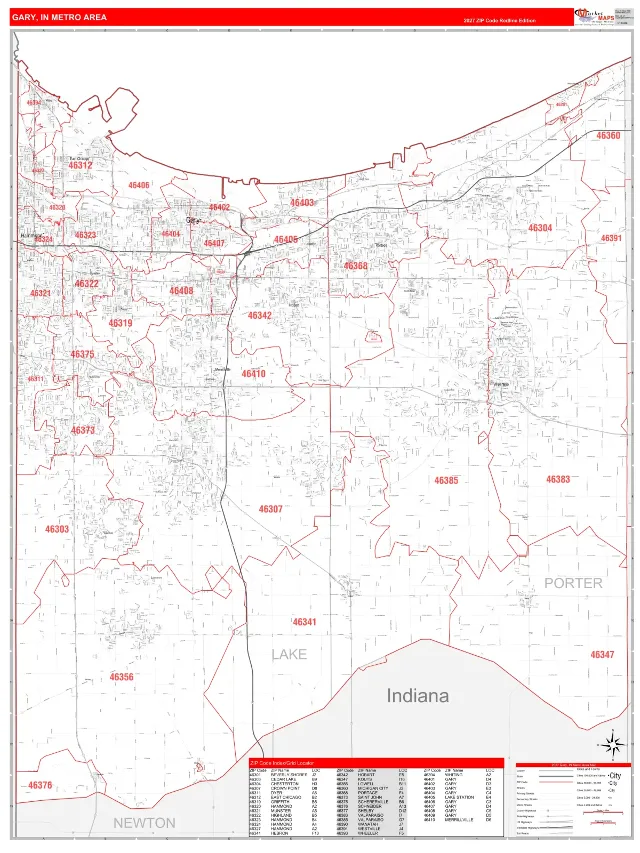 Gary Metro Area ZIP Code Wall Map, RedLine style