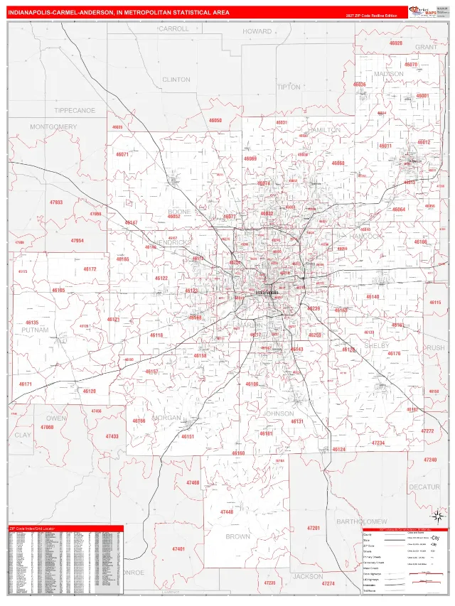 Indianapolis-Carmel-Anderson Metro Area ZIP Code Wall Map, RedLine style