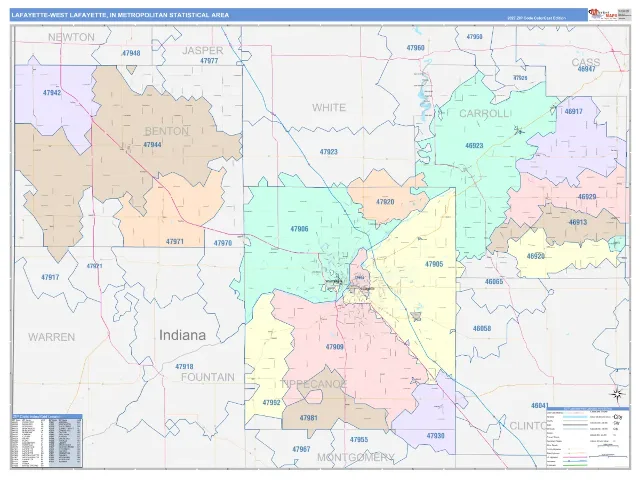 Lafayette-West Lafayette Metro Area ZIP Code Wall Map, ColorCast style