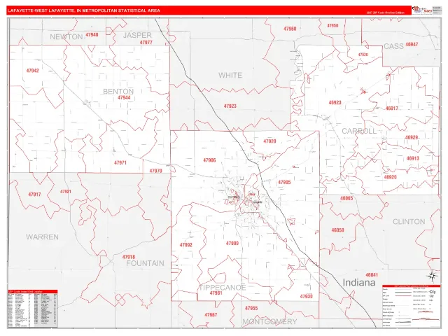 Lafayette-West Lafayette Metro Area ZIP Code Wall Map, RedLine style