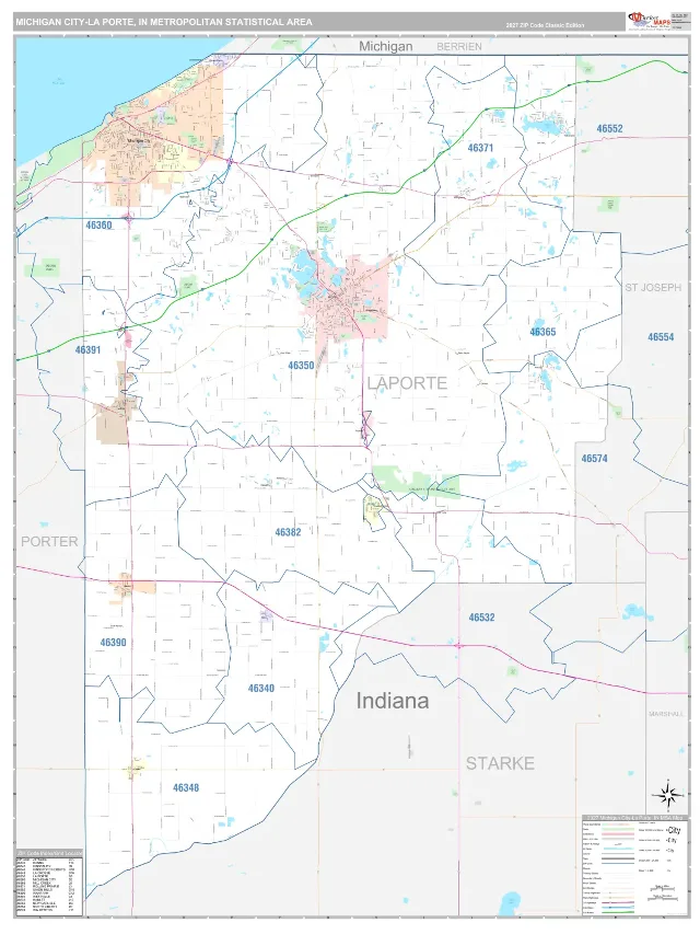 Michigan City-La Porte Metro Area ZIP Code Wall Map, Classic style