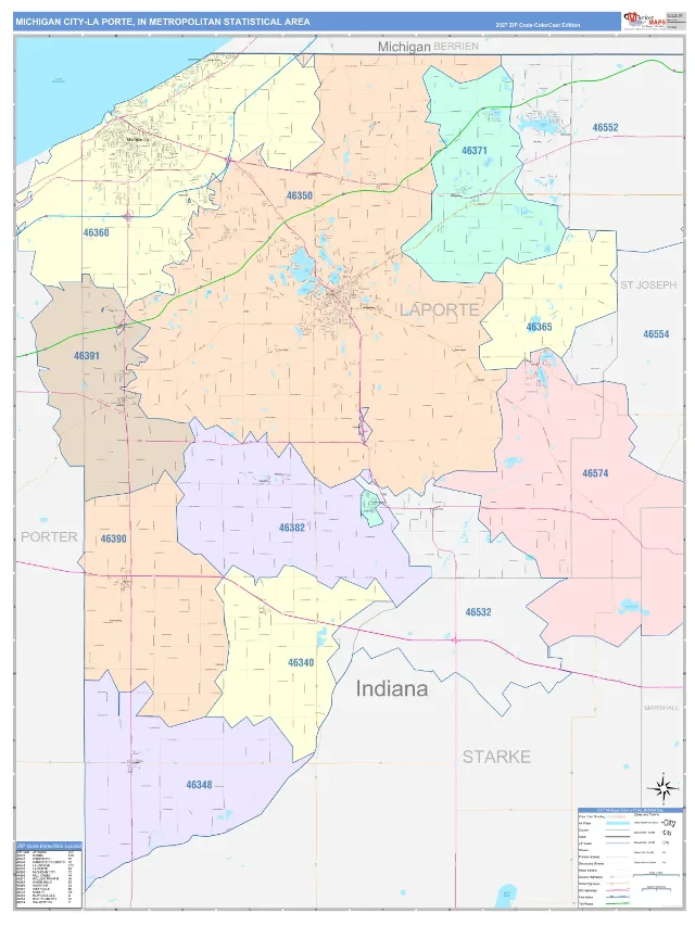 Michigan City-La Porte Metro Area ZIP Code Wall Map, ColorCast style