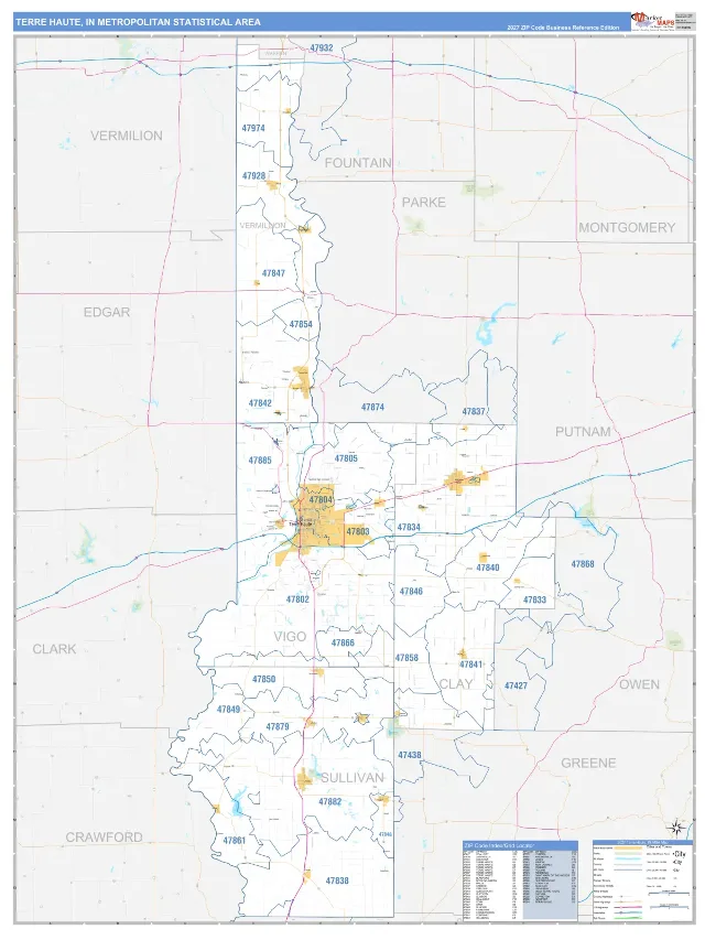 Terre Haute Metro Area ZIP Code Wall Map, Business Reference style