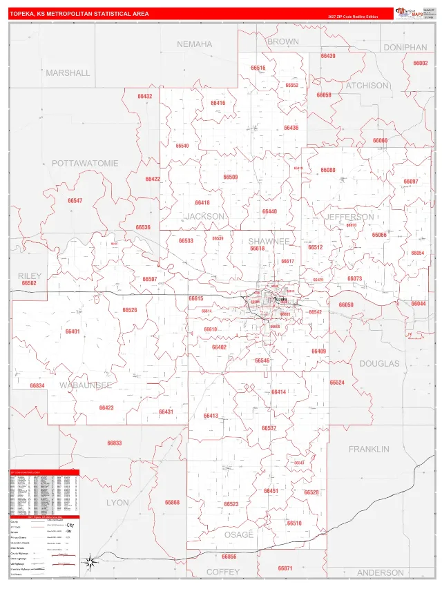 Topeka Metro Area ZIP Code Wall Map, RedLine style