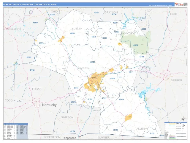 Bowling Green Metro Area ZIP Code Wall Map, Business Reference style