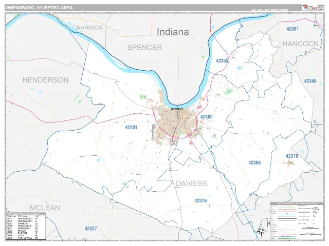 Owensboro Metro Area ZIP Code Wall Map, Classic style