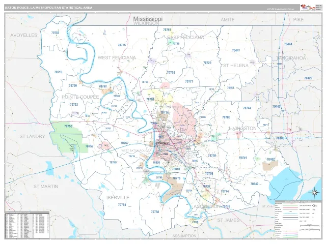 Baton Rouge Metro Area ZIP Code Wall Map, Classic style