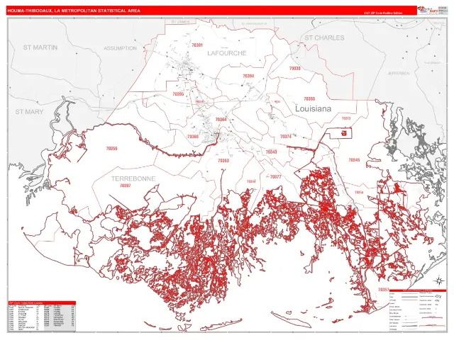 Houma-Thibodaux Metro Area ZIP Code Wall Map, RedLine style