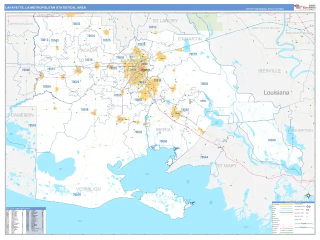 Lafayette Metro Area ZIP Code Wall Map, Business Reference style