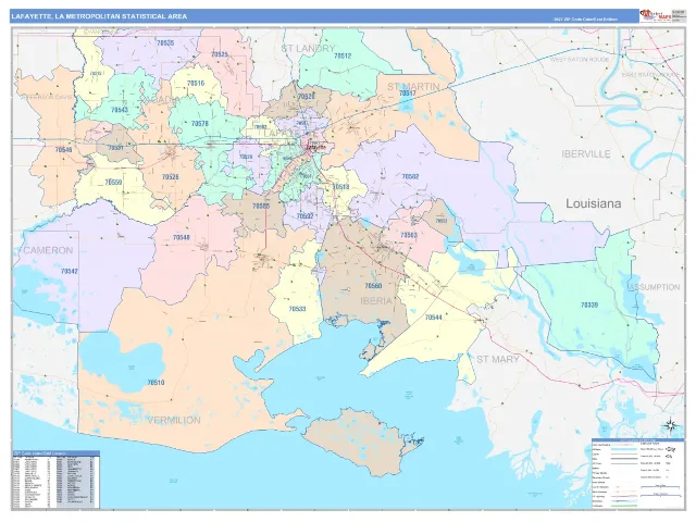 Lafayette Metro Area ZIP Code Wall Map, ColorCast style