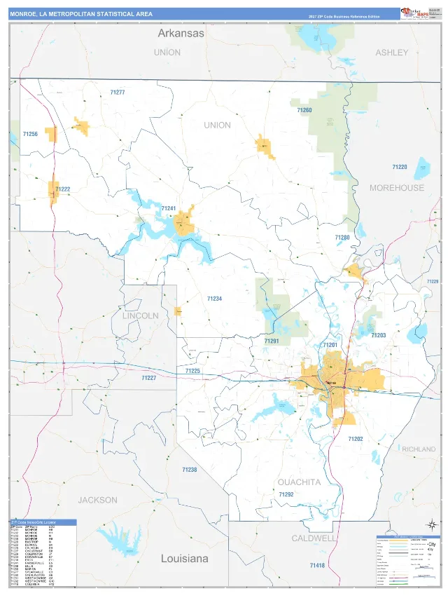 Monroe Metro Area ZIP Code Wall Map, Business Reference style