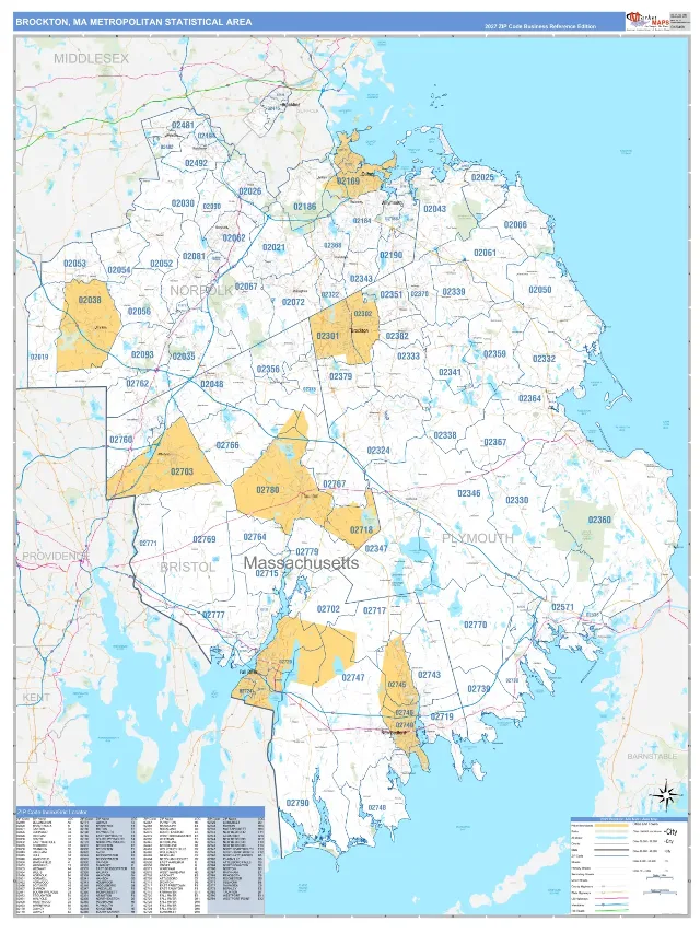 Brockton Metro Area ZIP Code Wall Map, Business Reference style