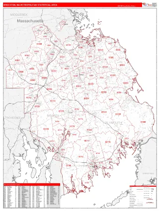Brockton Metro Area RedLine style ZIP Code wall map