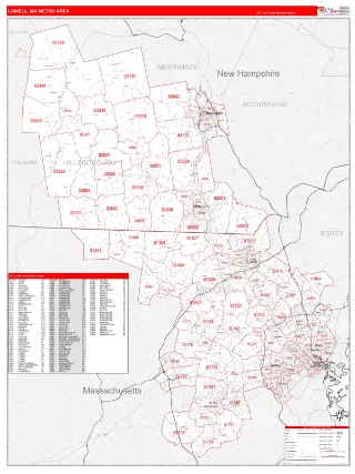 Lowell Metro Area RedLine style ZIP Code wall map