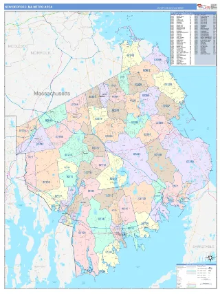New Bedford Metro Area ColorCast style ZIP Code wall map