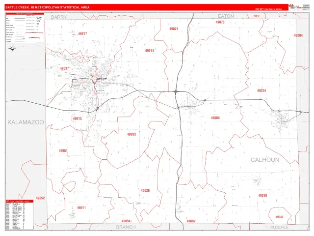 Battle Creek Metro Area ZIP Code Wall Map, RedLine style