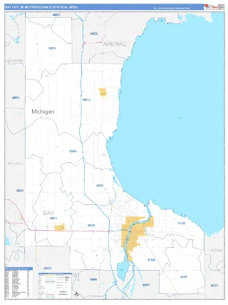 Bay City Metro Area Business Reference style ZIP Code wall map