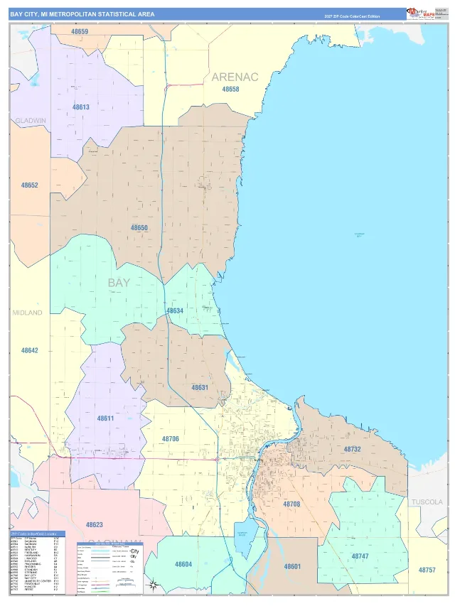 Bay City Metro Area ZIP Code Wall Map, ColorCast style
