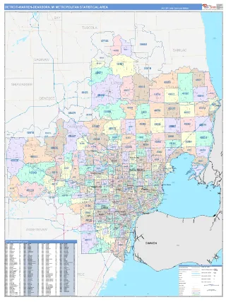Detroit-Warren-Dearborn Metro Area ColorCast style ZIP Code wall map