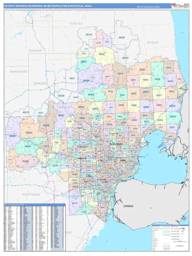 Detroit-Warren-Dearborn Metro Area ZIP Code Wall Map, ColorCast style