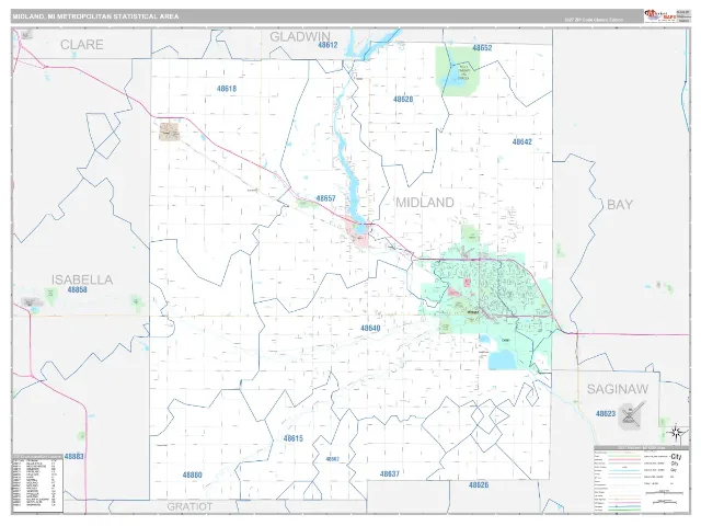 Midland Metro Area ZIP Code Wall Map, Classic style