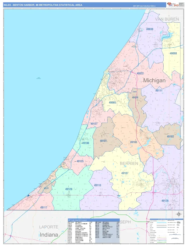 Niles-Benton Harbor Metro Area ZIP Code Wall Map, ColorCast style