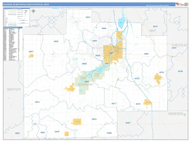 Saginaw Metro Area ZIP Code Wall Map, Business Reference style