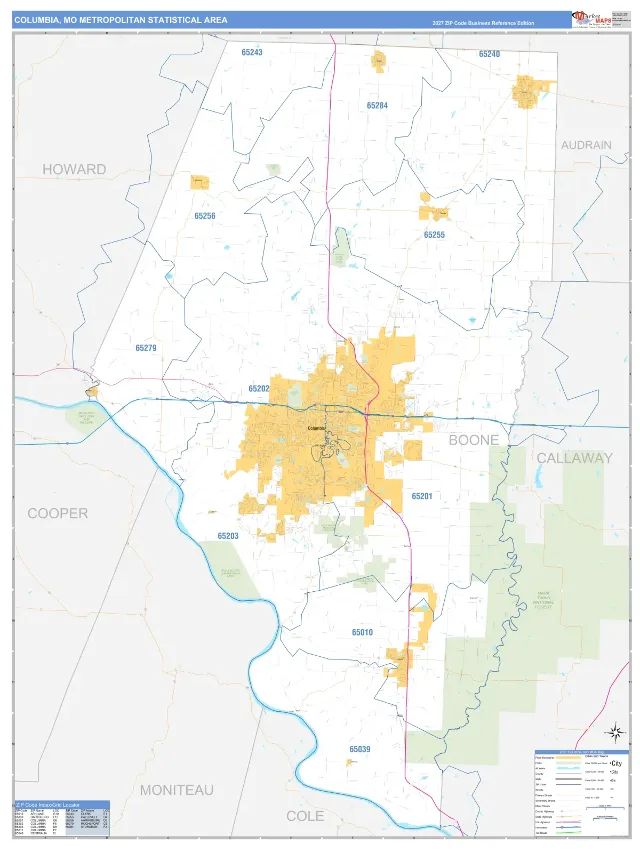 Columbia Metro Area ZIP Code Wall Map, Business Reference style