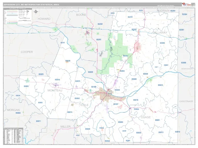 Jefferson City Metro Area ZIP Code Wall Map, Classic style