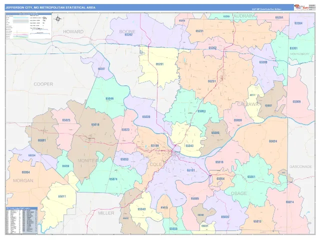 Jefferson City Metro Area ZIP Code Wall Map, ColorCast style