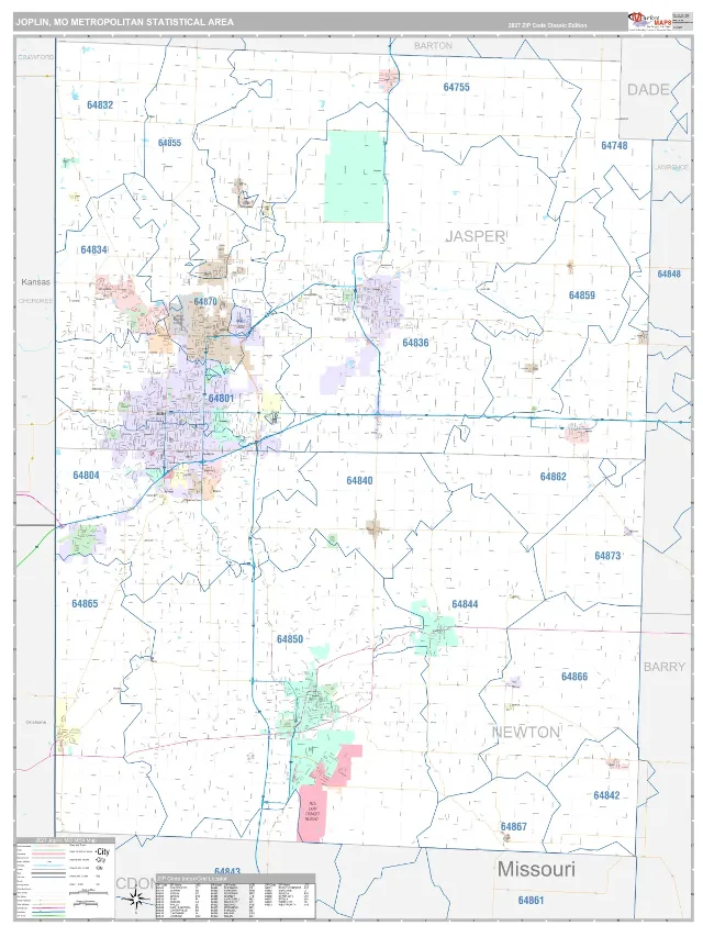 Joplin Metro Area ZIP Code Wall Map, Classic style