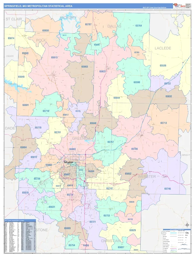 Springfield Metro Area ZIP Code Wall Map, ColorCast style