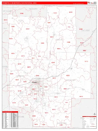 Springfield Metro Area RedLine style ZIP Code wall map