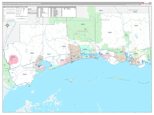 Gulfport-Biloxi-Pascagoula Metro Area ZIP Code Wall Map, Classic style